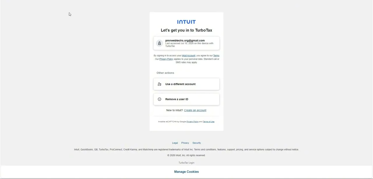 The account picker screen, showing a previously used Intuit Account along with options to switch accounts or remove a saved user ID.