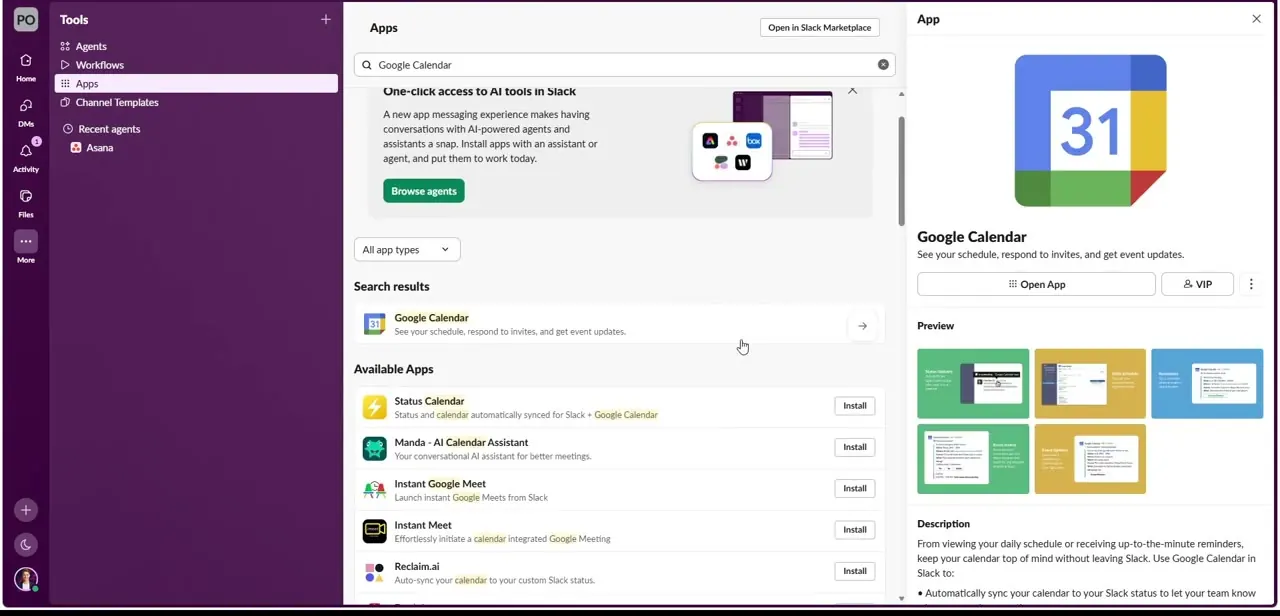 The Google Calendar app's preview panel inside Slack's Apps page, before opening the full marketplace listing.