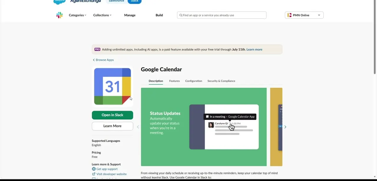 The Google Calendar listing on Slack's marketplace, showing the Open in Slack button, supported languages, and free pricing.