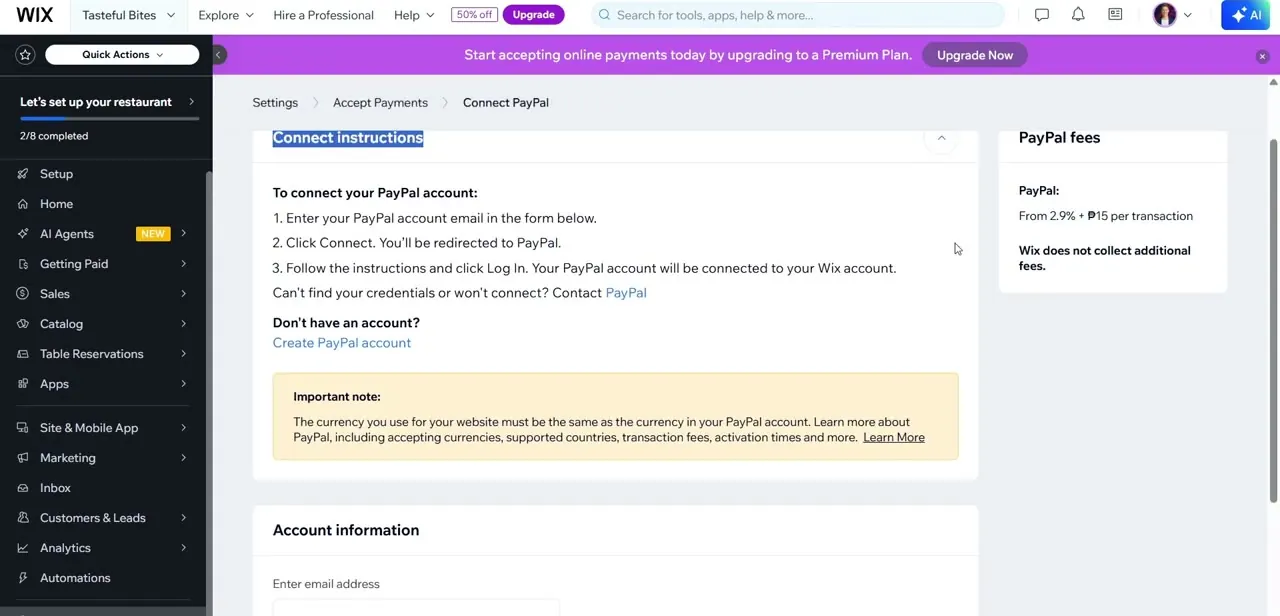 The Connect PayPal setup screen, listing the three connection steps and PayPal's transaction fees alongside a currency-matching warning.