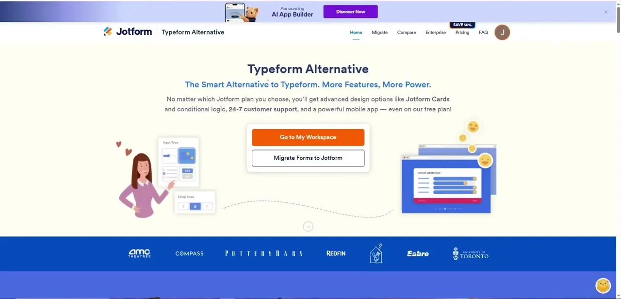 Jotform's own "Typeform Alternative" landing page, pitching more features and a stronger free plan directly against Typeform.