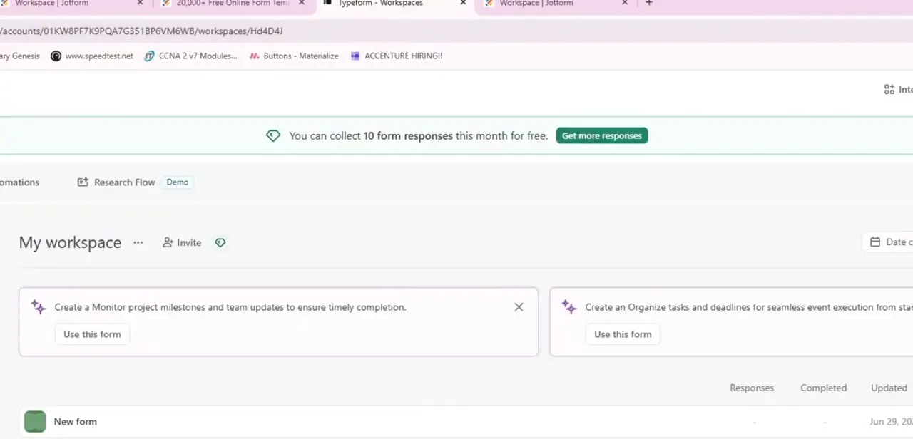 Typeform's workspace with AI-suggested form templates and a free-tier response counter, open alongside Jotform tabs for a side-by-side comparison.