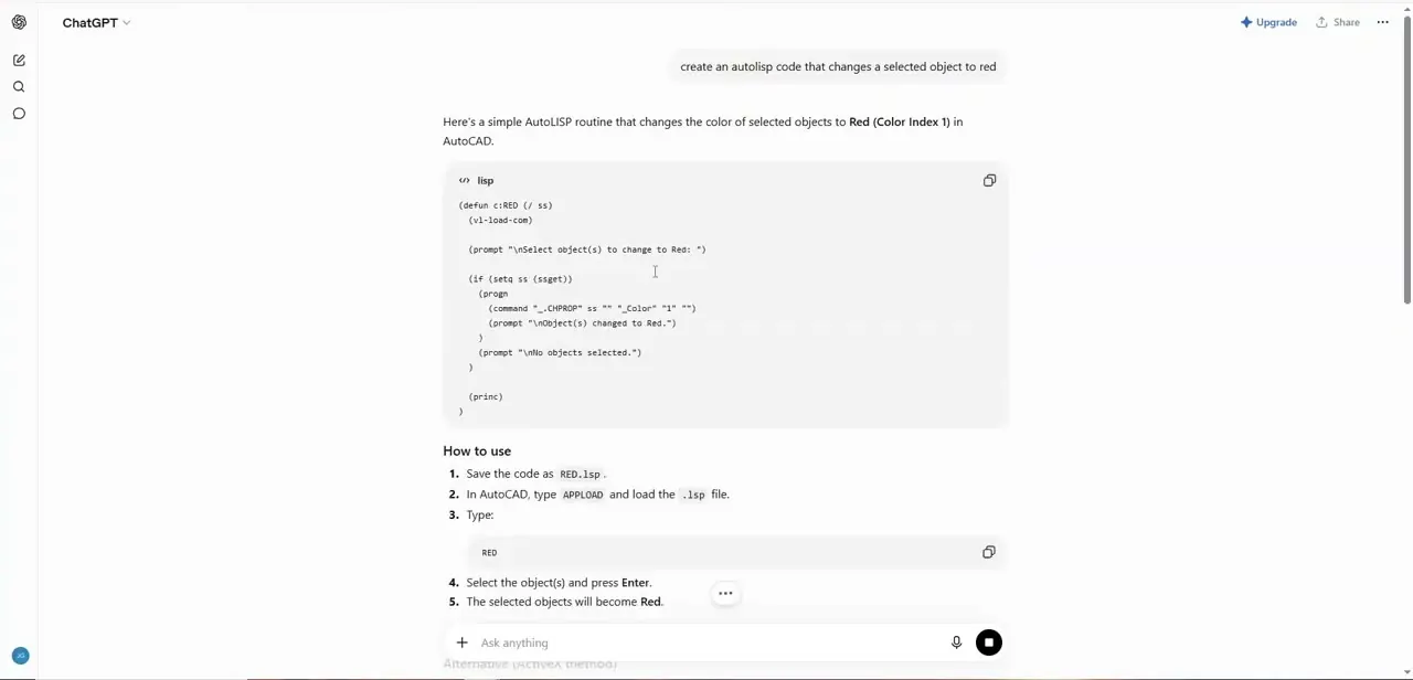 ChatGPT's response to the prompt: a working AutoLISP routine plus step-by-step instructions for saving it as RED.lsp, loading it with APPLOAD, and running it by typing RED.