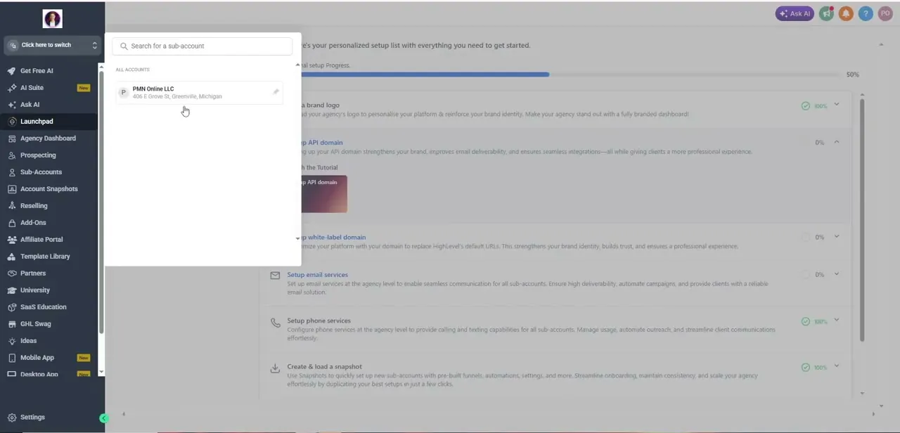 The sub-account switcher, searchable by name, sitting above the Launchpad setup checklist.