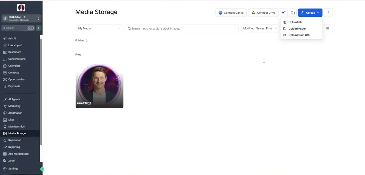 The Media Storage page with the Upload dropdown open, showing options to upload a file, a folder, or a file from a URL.