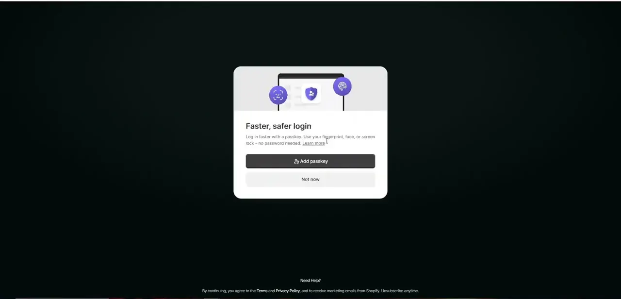 Shopify's login flow prompting for a passkey — the entry point into the account you'll use to build and manage your theme development work.