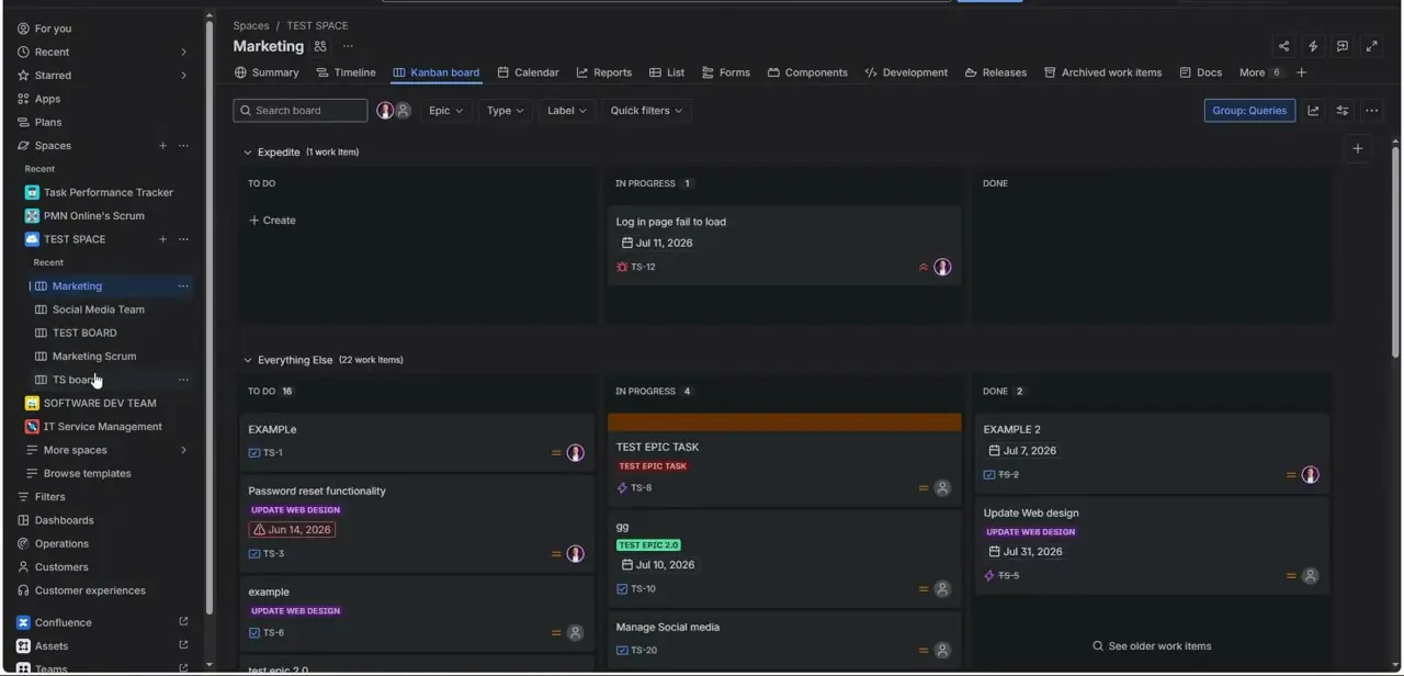 A board's toolbar, with Quick filters sitting alongside the Epic, Type, and Label dropdowns used to narrow the view.