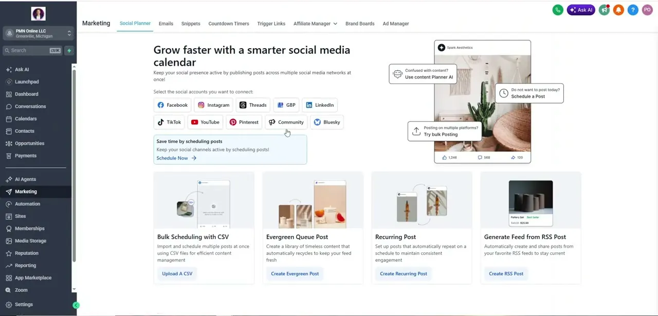 The Marketing section's top navigation, with Emails sitting next to Social Planner, Snippets, and Trigger Links.