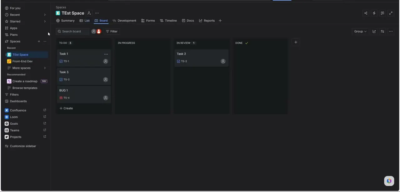 A live Jira board with tasks moving through To Do, In Progress, and In Review, plus the Confluence and Loom shortcuts in the sidebar that come with the Atlassian suite.