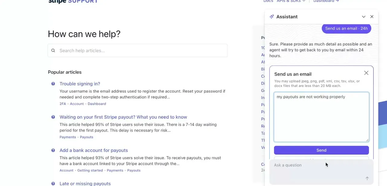 The Assistant's email option, with a 24-hour response note and a text box for describing the issue before sending.