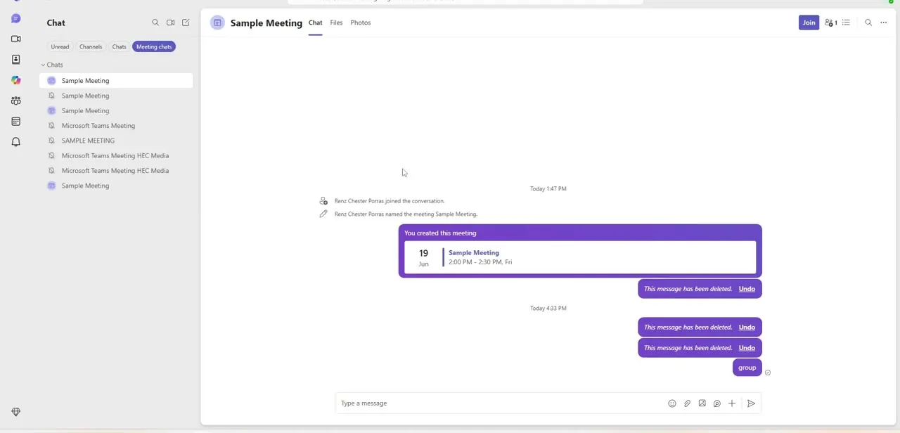 A Teams chat thread showing two deleted messages, each with its own inline Undo link still active.