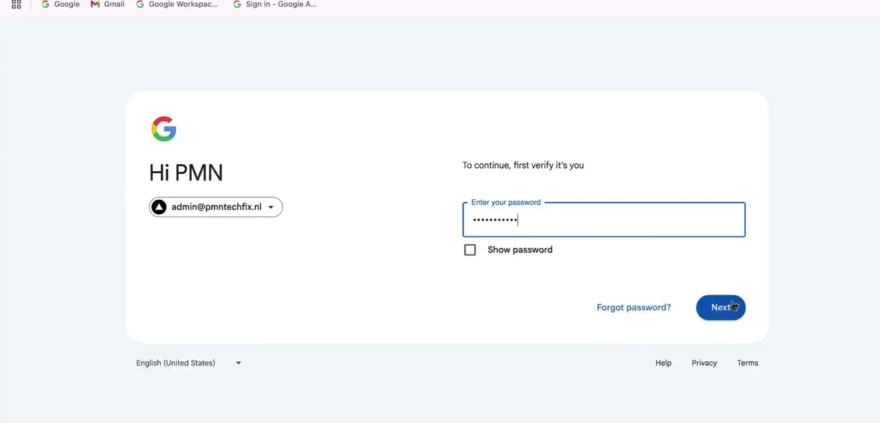 The Google sign-in screen asking for the admin account password before the console will load.