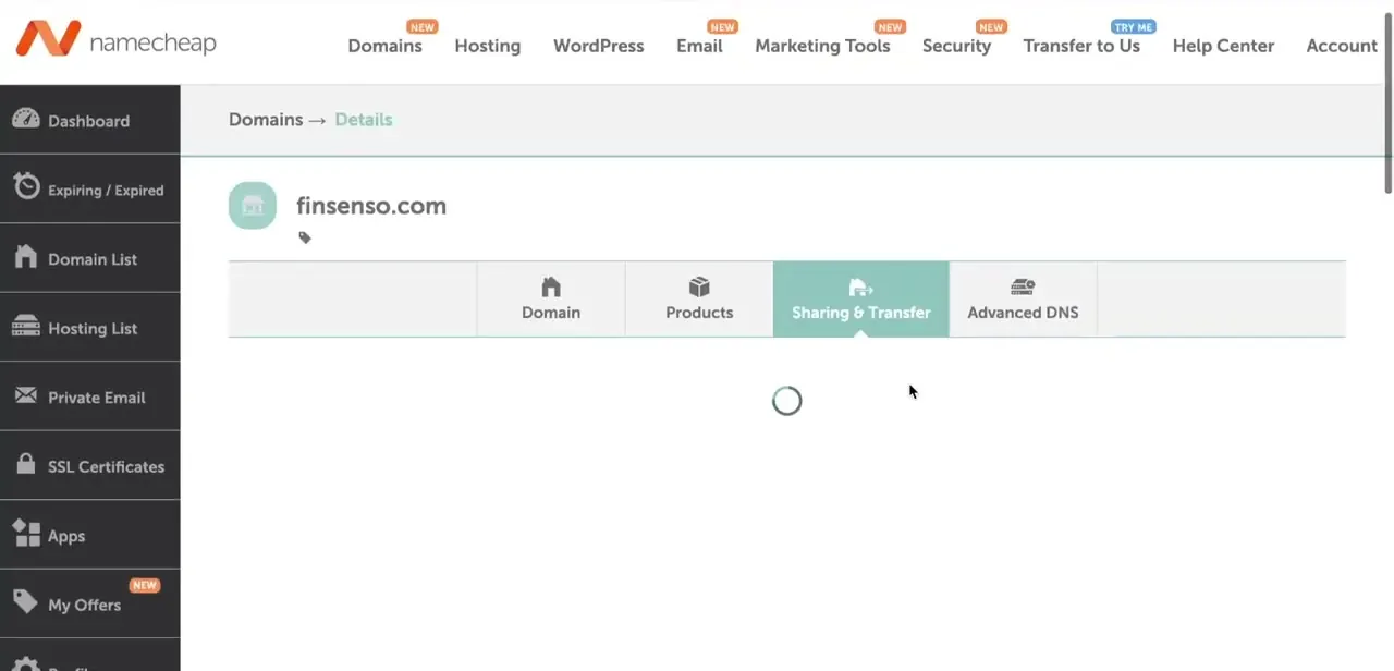 A domain's Details page in Namecheap, with Sharing & Transfer selected alongside Domain, Products, and Advanced DNS.