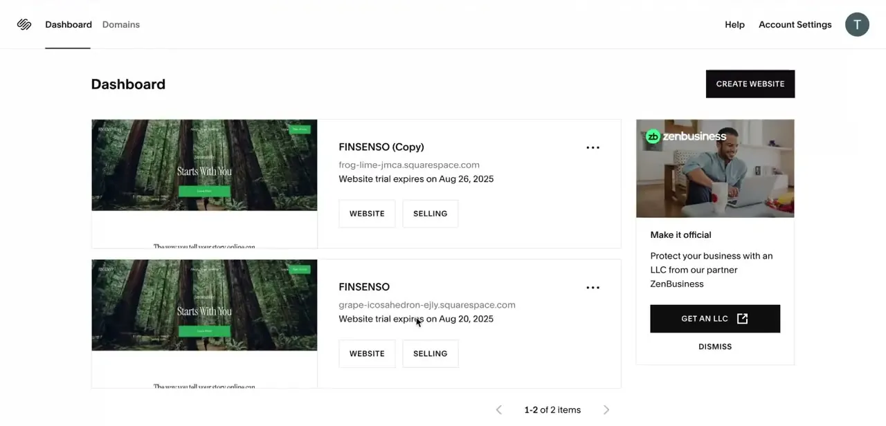 The Squarespace Dashboard, listing existing sites — the transfer needs to be tied to one of these once it completes.