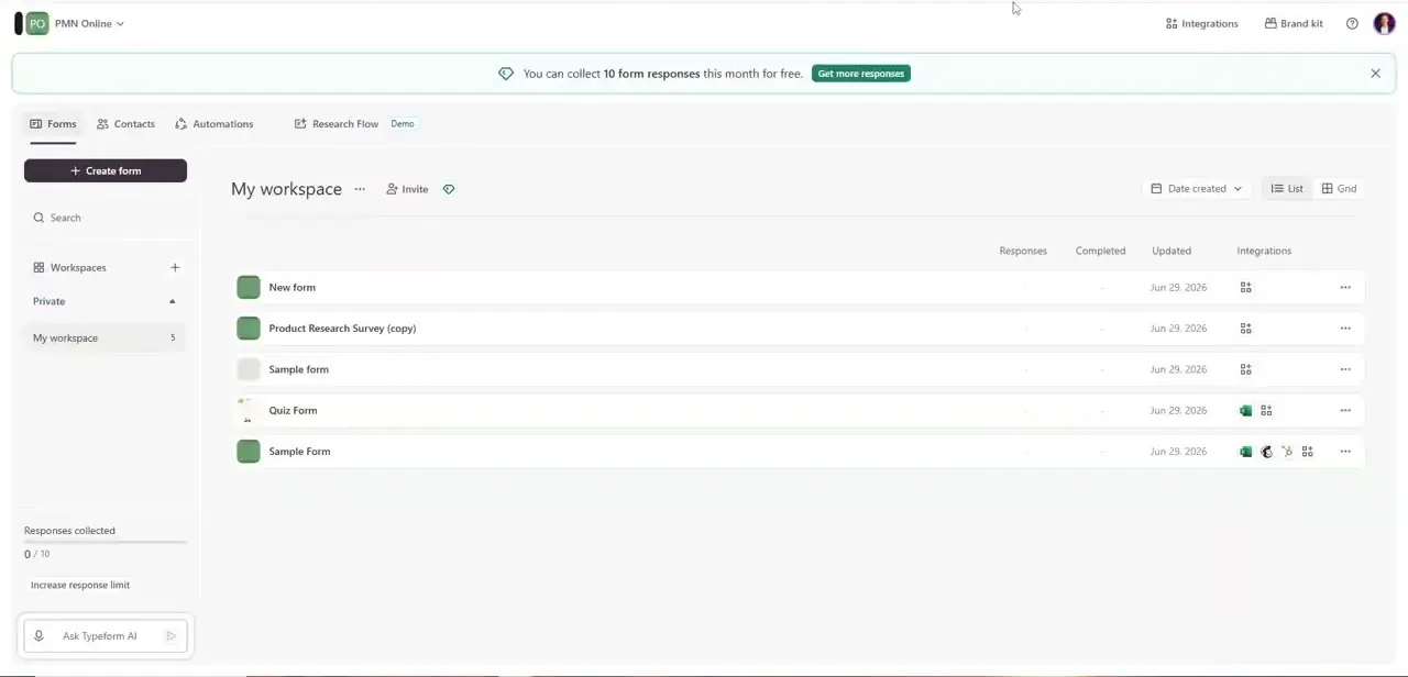 The My workspace list — every form with its response count, completion status, and last-updated date, ready to click into for editing.