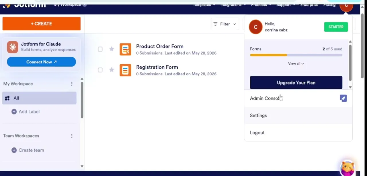 The account dropdown from the profile avatar, showing plan usage and the Settings link where branding controls actually live.