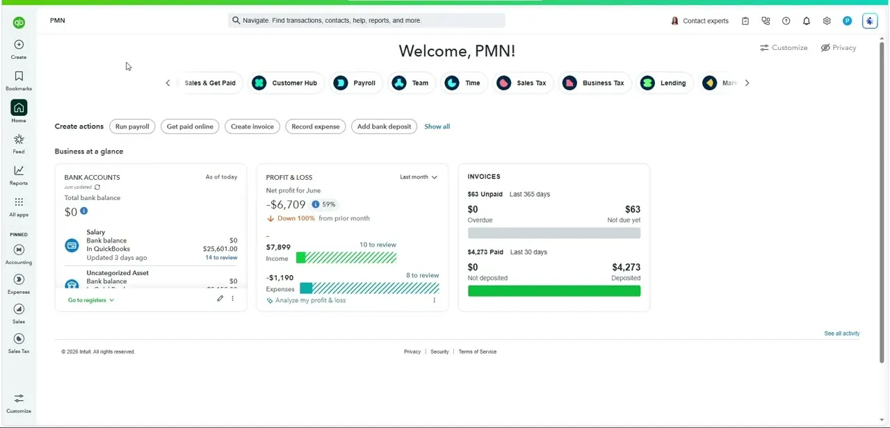 The QuickBooks Online homepage after login, with bank balances, profit and loss, and unpaid invoice totals summarized on one screen.