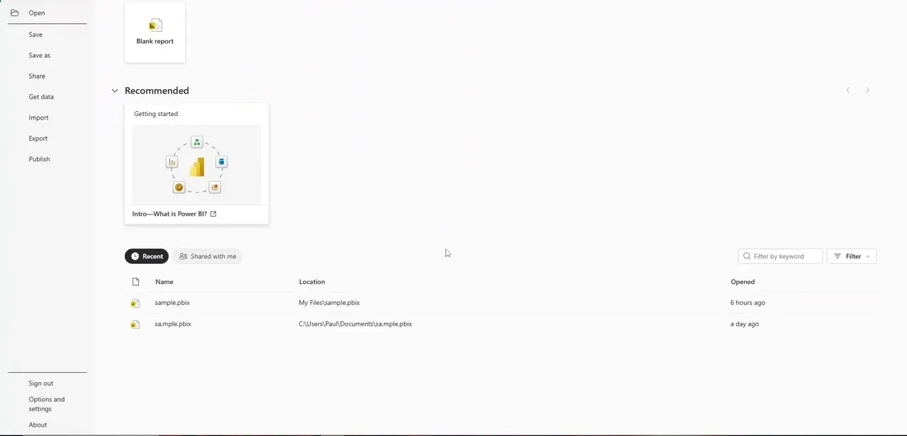 Power BI Desktop's start screen, with a Blank report tile and a list of recently opened .pbix files.
