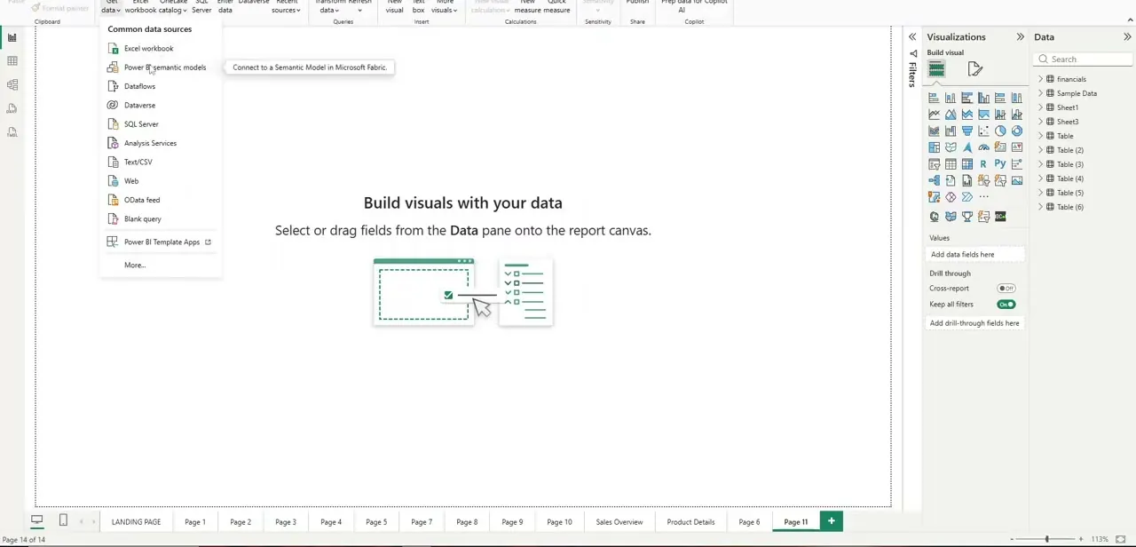 The Get data menu open in Power BI, with Text/CSV listed among the common data source connectors.