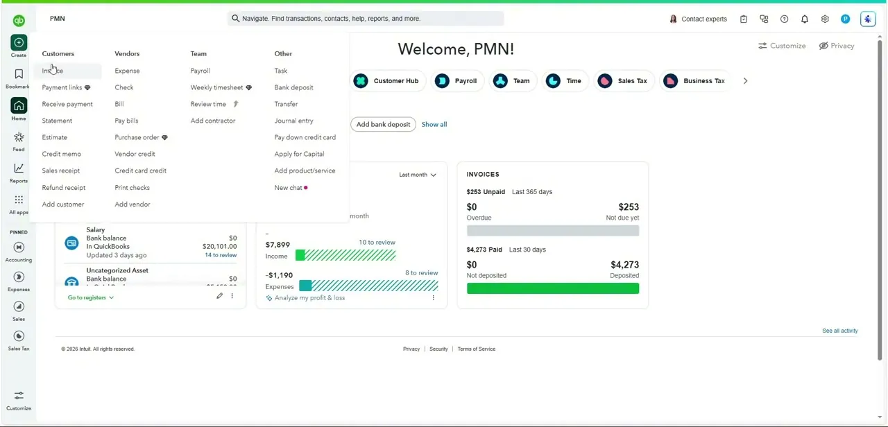 The Create menu's Vendors column, where Check and Print checks sit alongside Expense, Bill, and Pay bills.