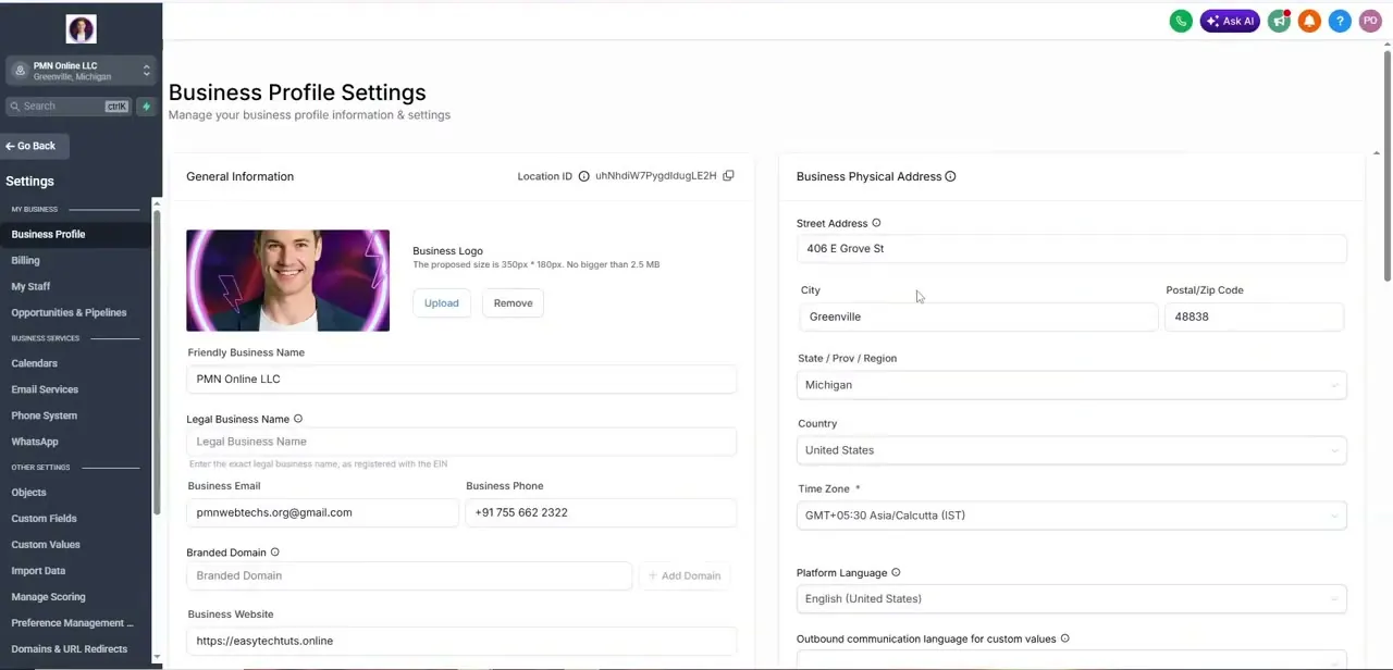 Business Profile Settings, where your business name, address, and contact details are recorded before purchasing a phone number.