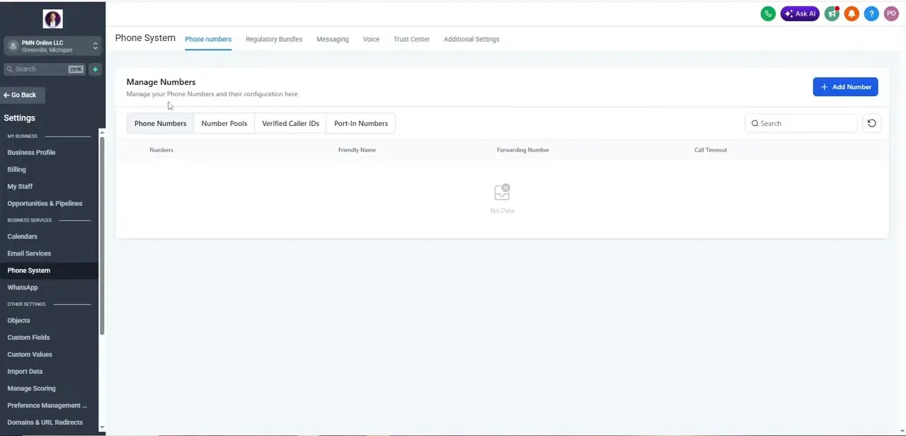 The Manage Numbers screen under Phone System, empty on a fresh account with an Add Number button in the top right.
