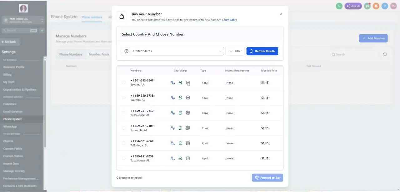 The same modal set to United States, showing local numbers at $1.15 a month with no address requirement, plus capability icons for calling and messaging.