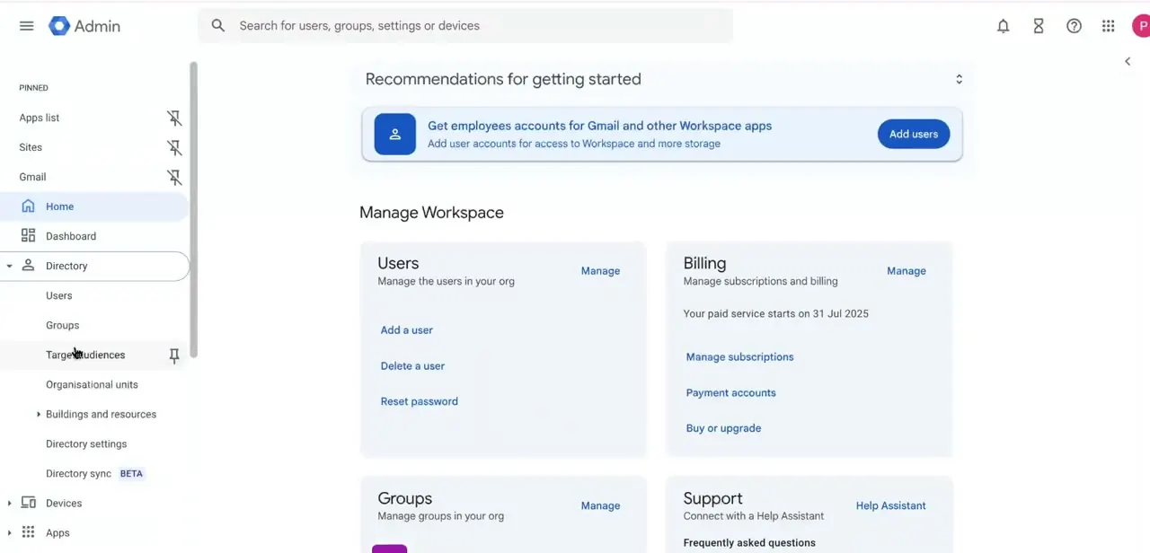 The Admin Console home screen, with the Users card offering shortcuts to add, delete, or reset a user's password.