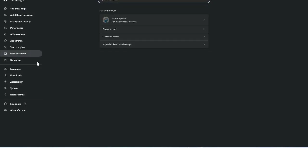 Chrome's Settings page, with the full left-hand navigation showing Appearance, Default browser, System, and other sections worth checking for display issues.
