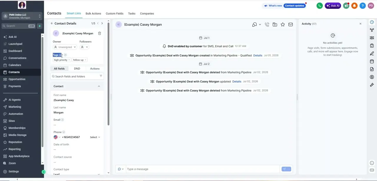 A contact's detail panel showing two applied tags, high priority and follow-up, just below the owner and followers fields.