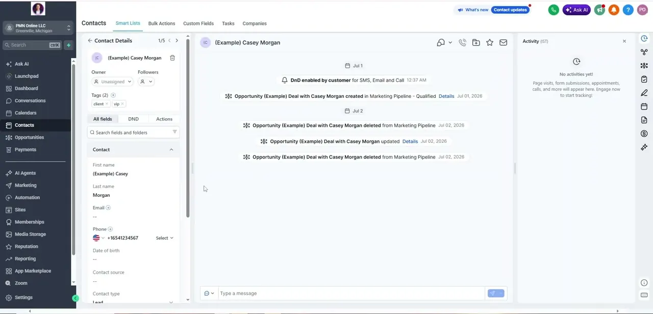 The same contact after its tags were changed to client and vip, reflecting a shift from lead status to active customer.