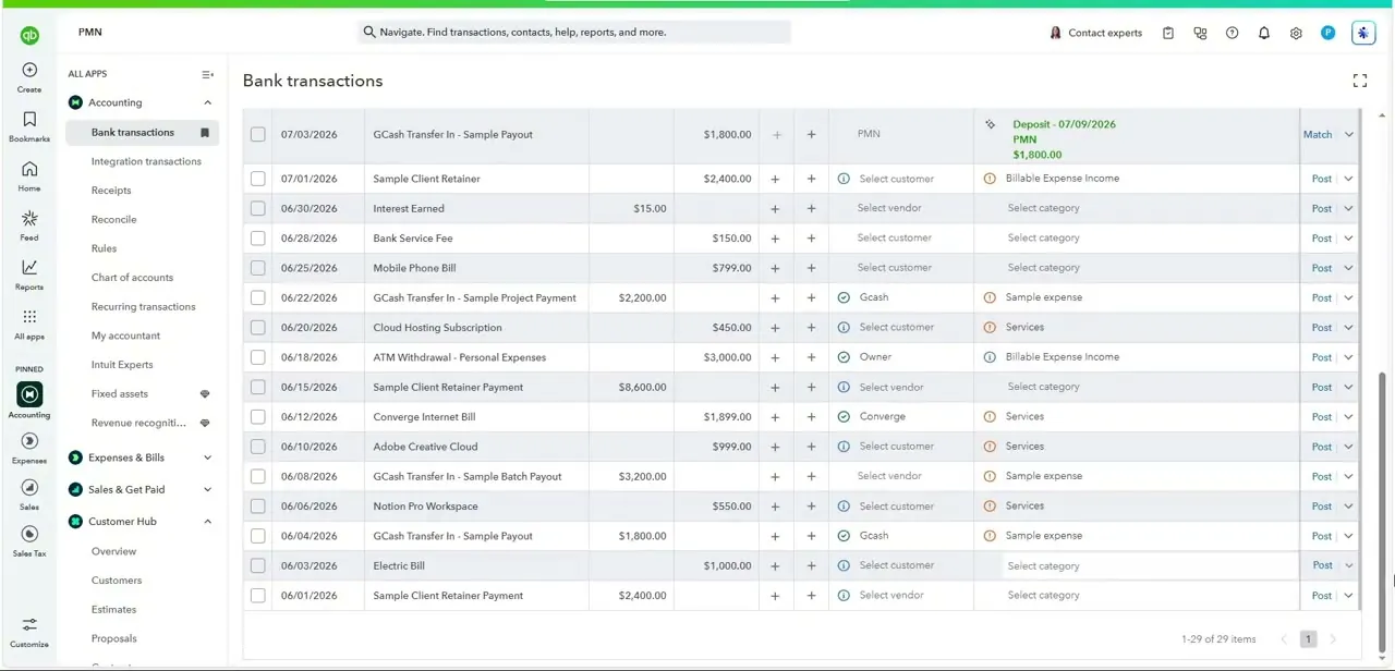 Imported bank transactions sitting in the review list, each needing a customer or vendor and category assigned before posting.