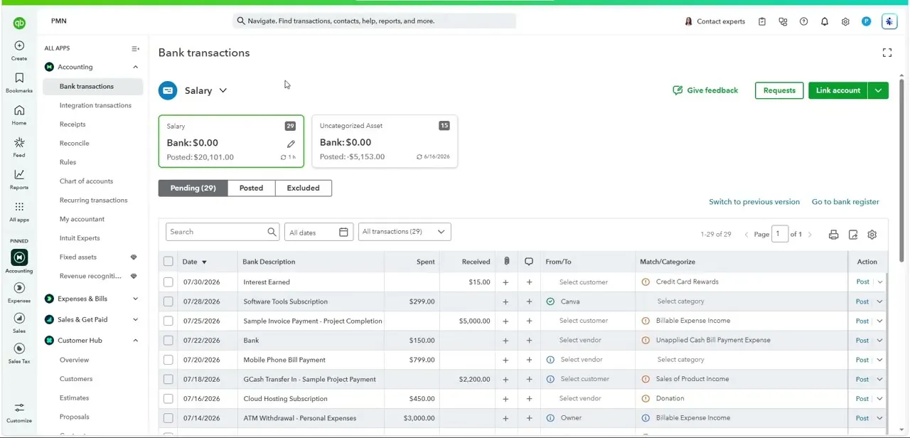 The Bank transactions screen for a specific account, showing pending and posted counts and the Link account dropdown where a file upload starts.