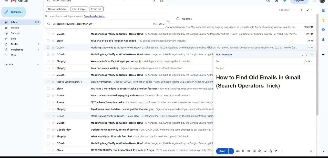 The Gmail search bar mid-query, showing a time-based search for "older than 6m" along with quick filter chips and a search-older-items fallback.