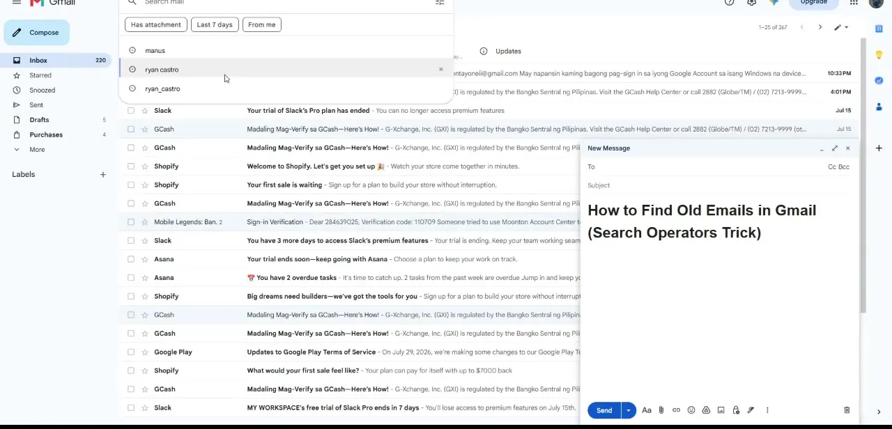 Gmail's search bar showing recent search history and filter chips — a quick way to reuse a past search instead of retyping it.