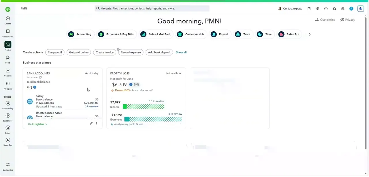 The QuickBooks Online homepage, with the Bank accounts card that leads into the connection flow used for linking PayPal.