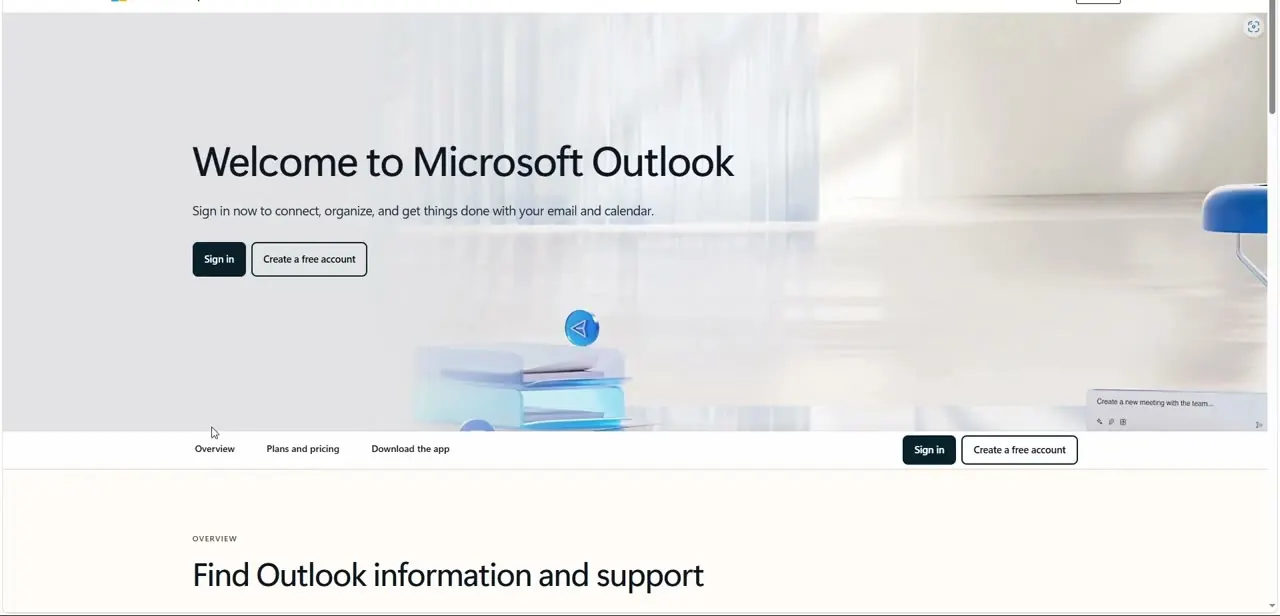 The Outlook.com welcome page, with Sign in and Create a free account buttons in the header and hero section.