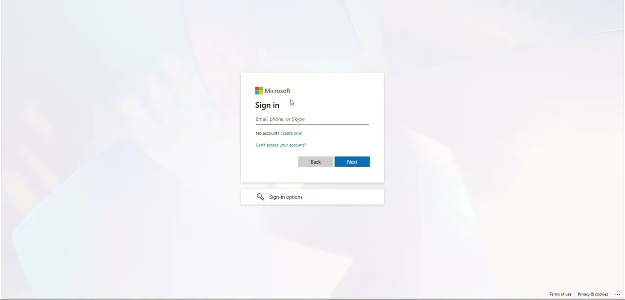 The Microsoft sign-in screen, with a "No account? Create one!" link beneath the email field for starting a new registration.