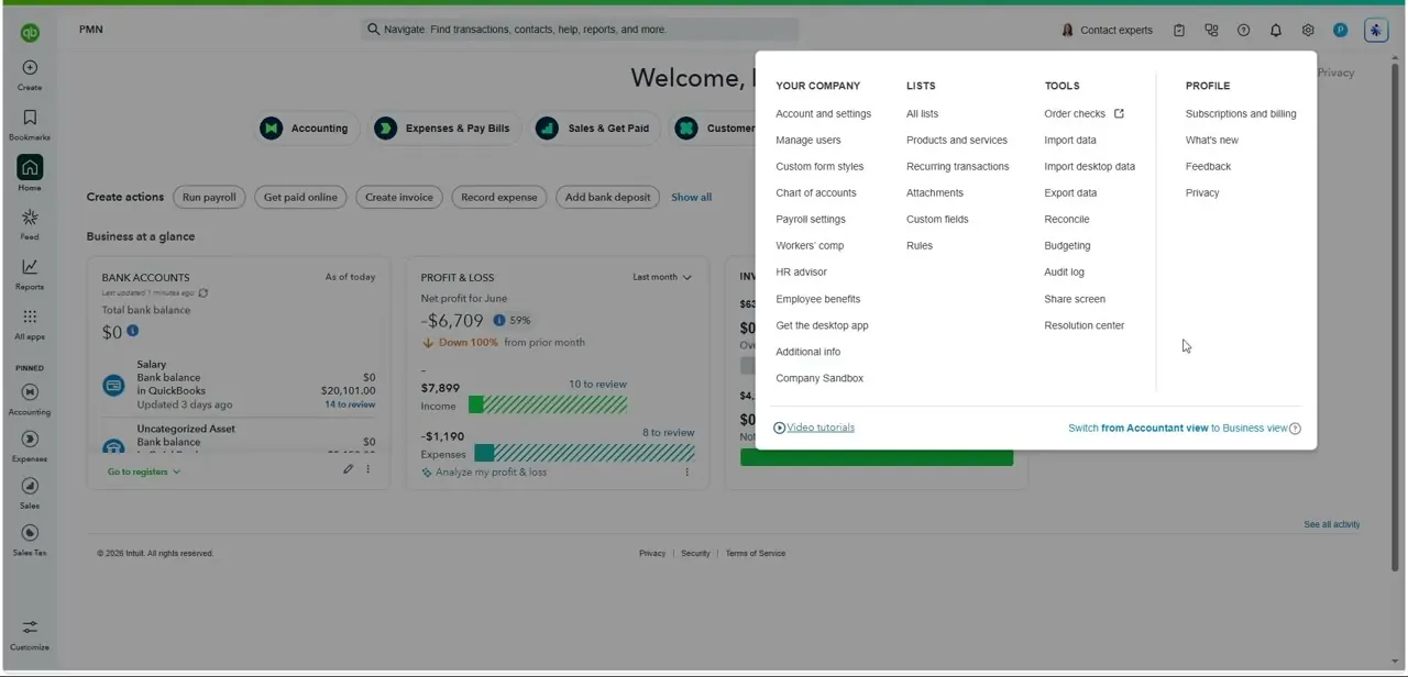 The gear-icon settings menu, with Reconcile listed under Tools alongside Budgeting and the Audit log.