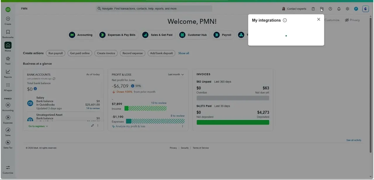 The My integrations panel, opened from the icon row at the top of QuickBooks Online — the starting point for adding the eBay Connector.