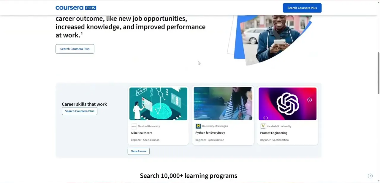Coursera's curated "Career skills that work" section, grouping specializations like AI in Healthcare and Python for Everybody by university and skill area.