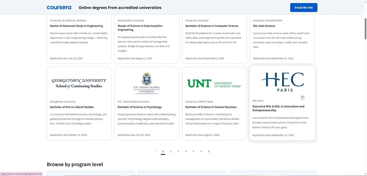 Coursera's Degrees page, listing accredited university programs with application deadlines shown directly on each card.