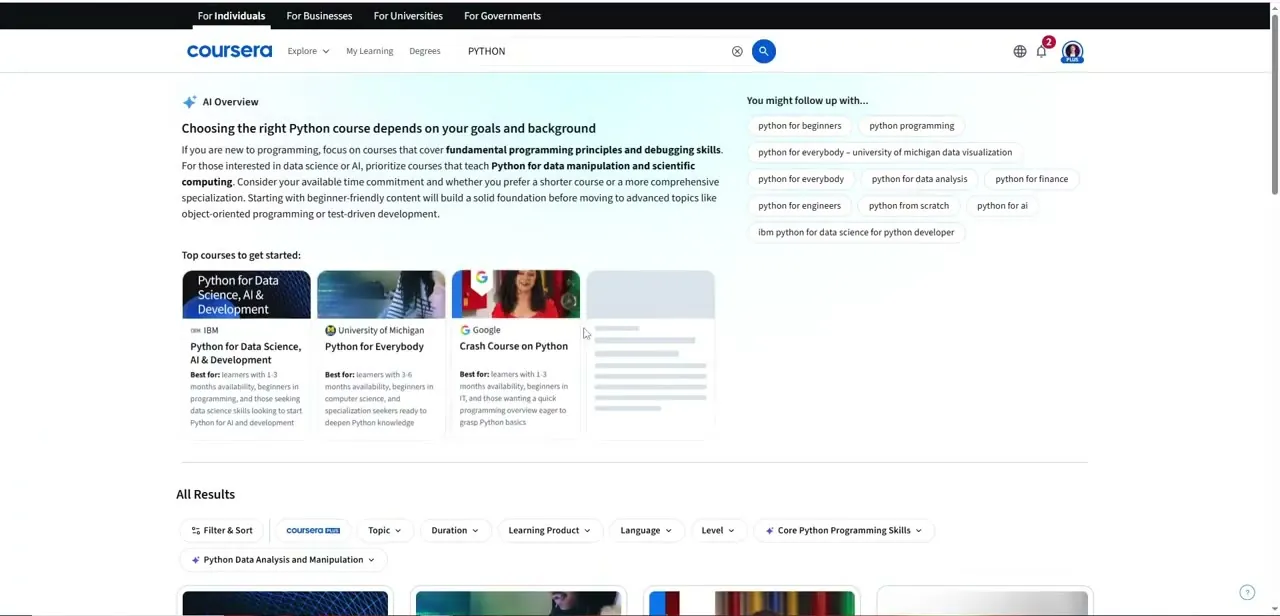 A Coursera search for "Python," showing the AI Overview that summarizes how to pick the right course based on your goals and experience level.