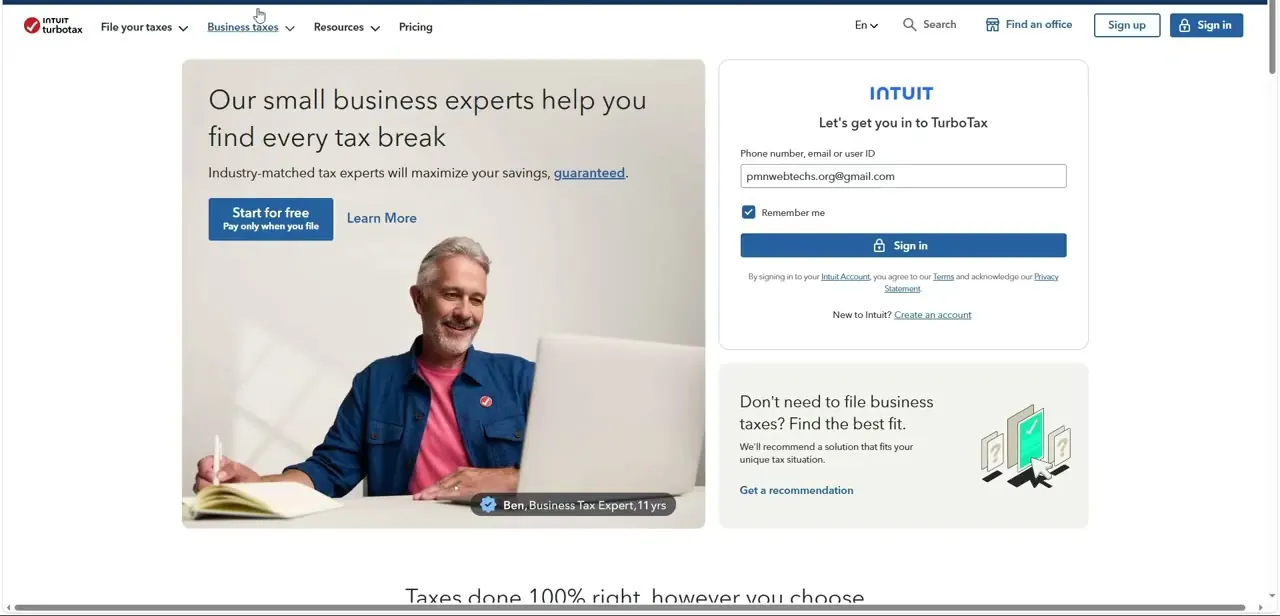 TurboTax's sign-in screen, the starting point before you can reach the Identity Protection PIN question inside your return.