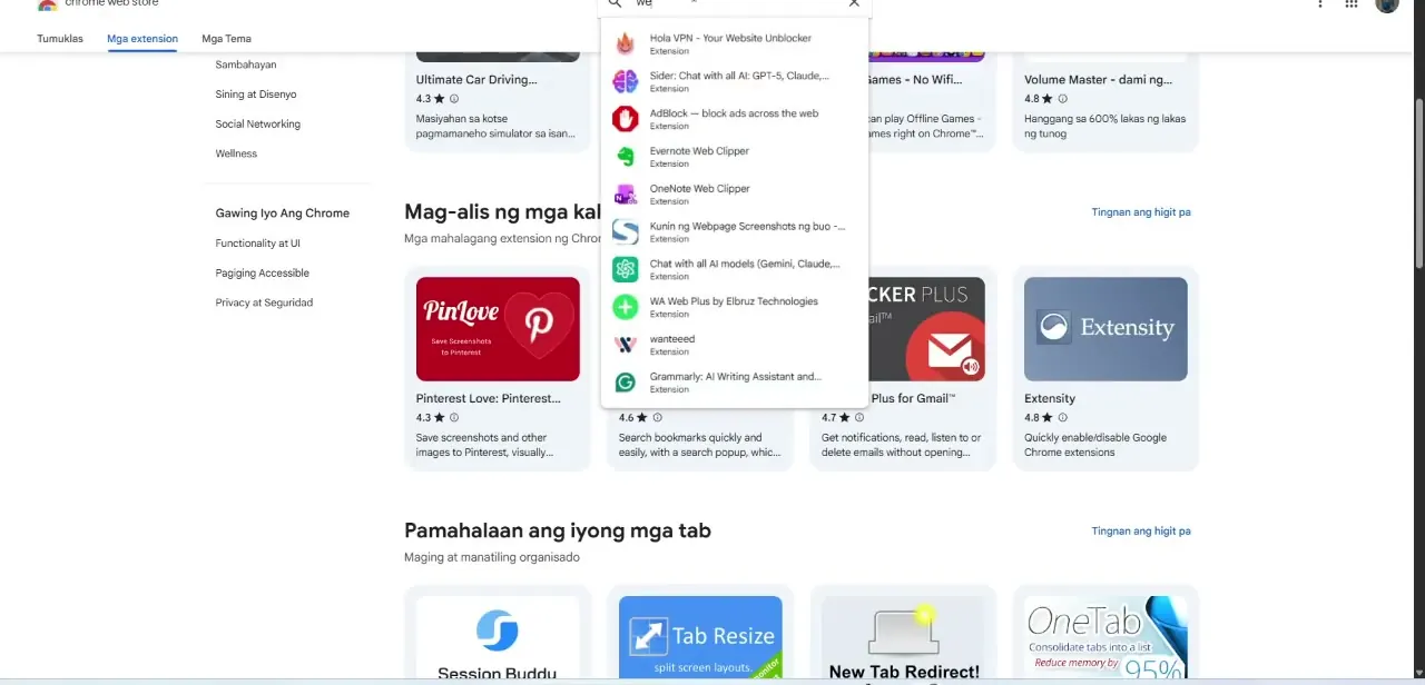 The Chrome Web Store's extension search, with autocomplete suggestions showing several blocking and productivity tools to choose from.