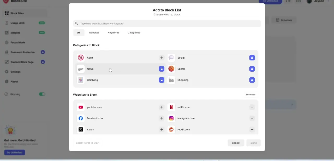 BlockSite's Add to Block List screen, with Gambling toggled on alongside other blockable categories like Adult, Sports, and Shopping.