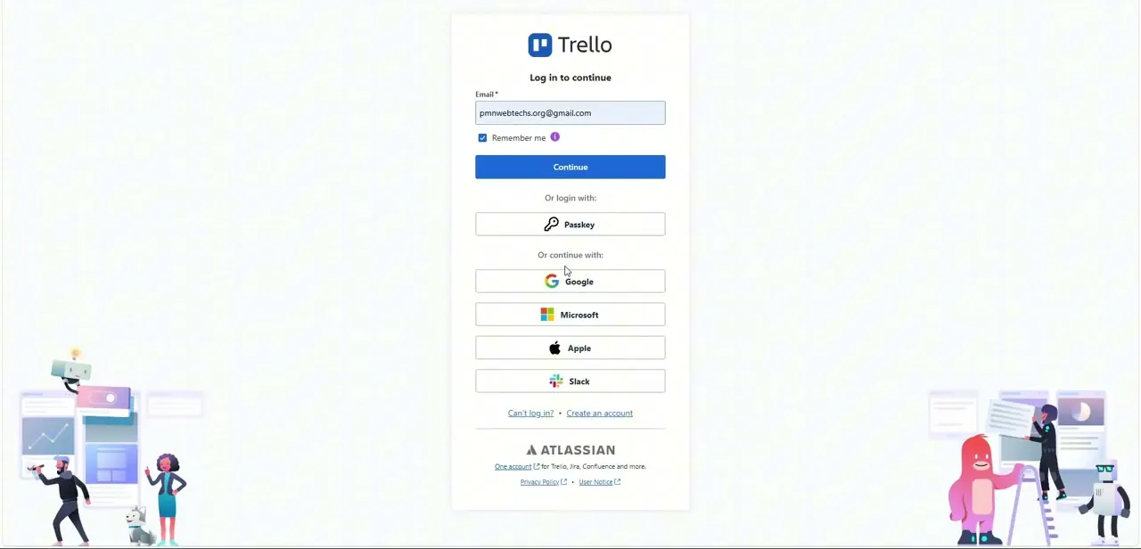 Trello's login screen, with email sign-in plus quick options for Google, Microsoft, Apple, Slack, or a saved passkey.