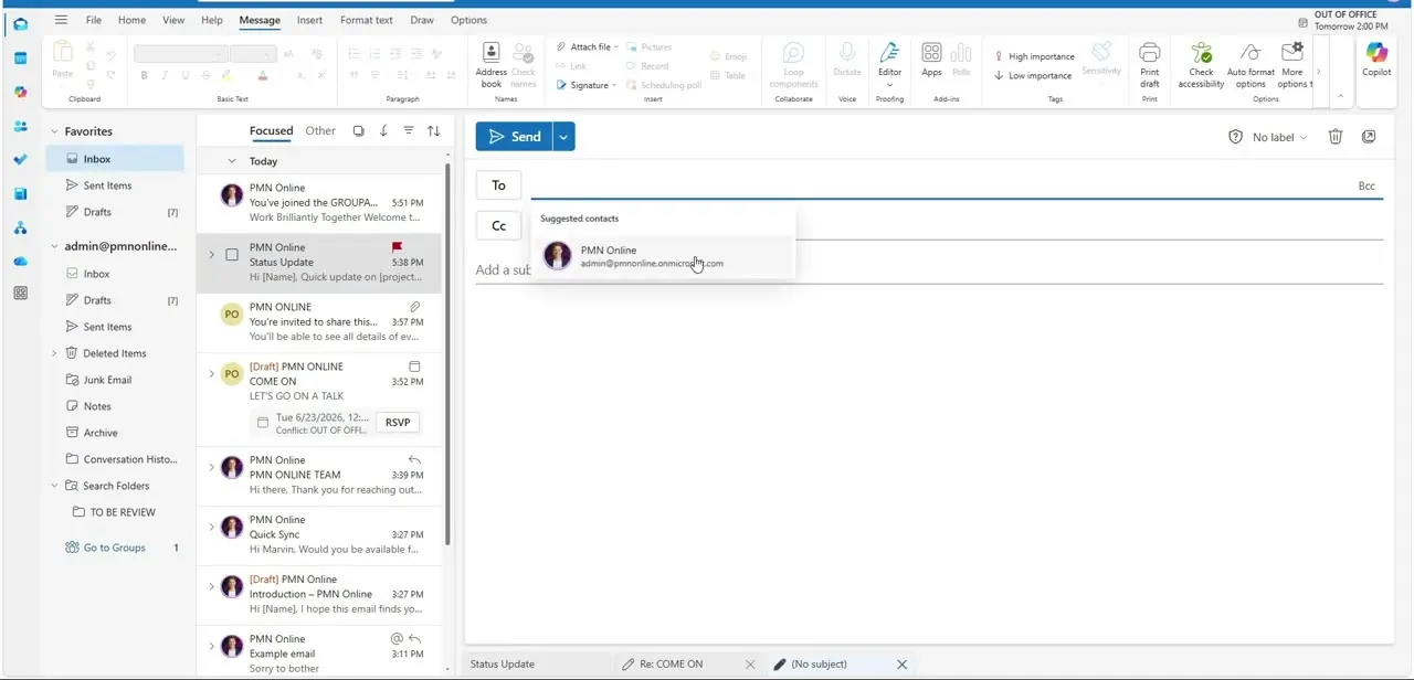 A new, blank compose window on the Message tab, with the To field active and a suggested contact showing above the subject line.