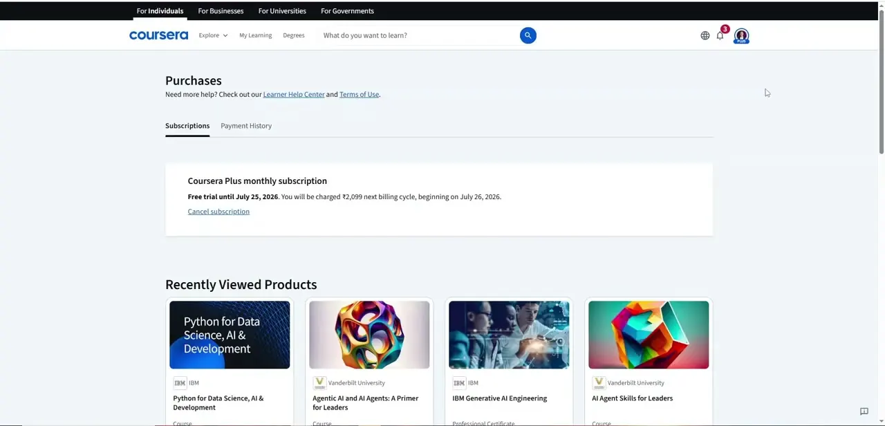 The Purchases page's Subscriptions tab, showing the active plan, its renewal date and price, and a "Cancel subscription" link beneath it.
