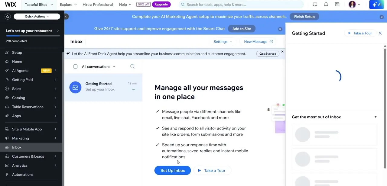 The Wix Inbox, which centralizes messages from email, live chat, and other site channels into one place.